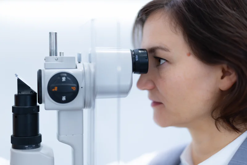 Pacientka med pregledom z biomikroskopom v moderni očesni ambulanti